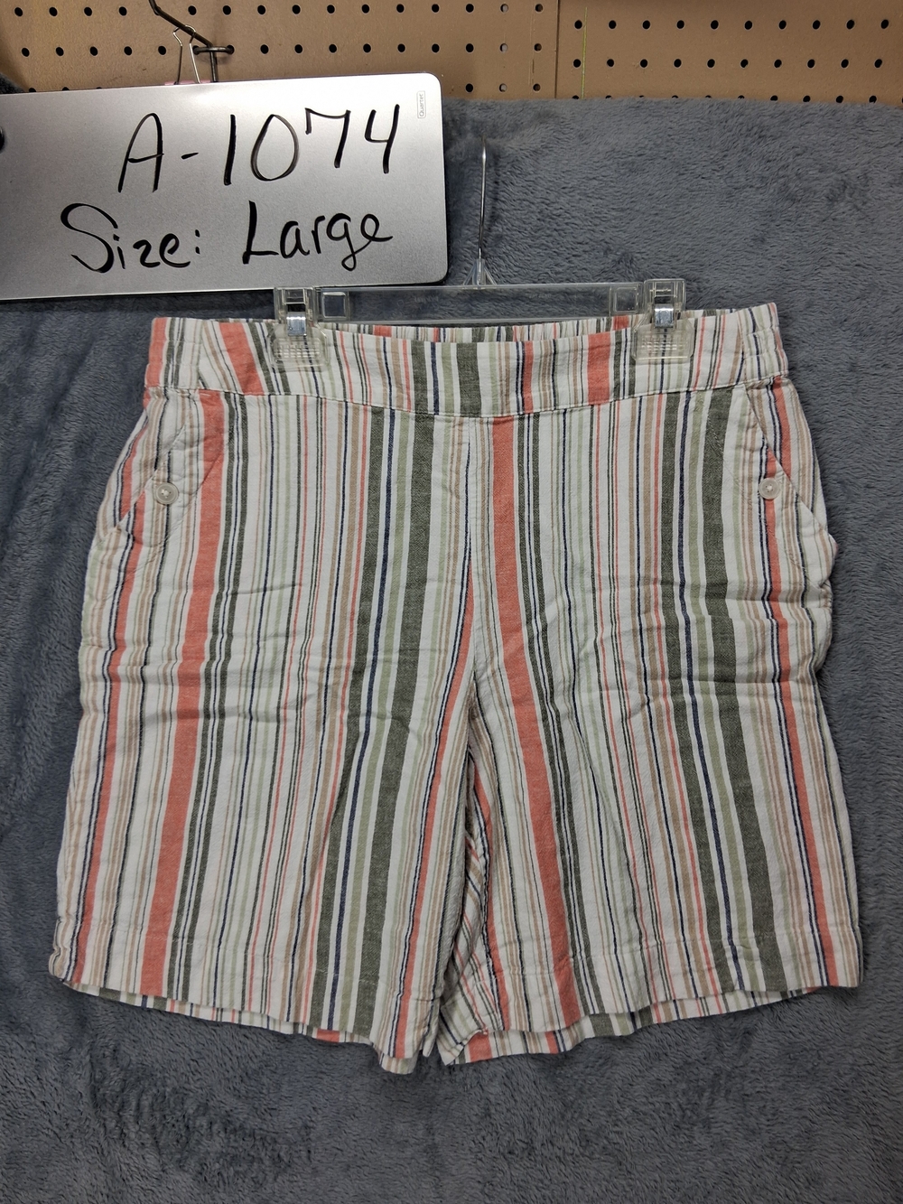 Striped Linen Blend Women’s Shorts - Coral, Olive & White